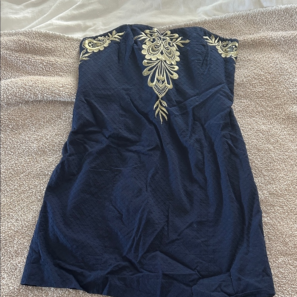Lilly Pulitzer Navy Strapless Dress with Gold Embroidery